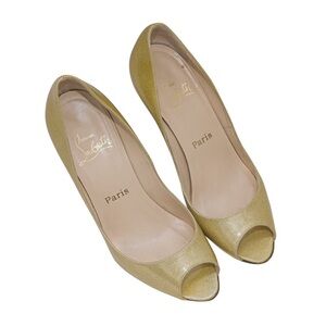 CHRISTIAN LOUBOUTIN GOLD PEEP-TOE GLITTER PUMPS SIZE 37